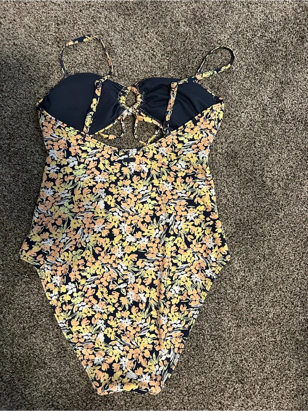 Roxy Floral One Piece Swimsuit Women’s Small Navy Orange Cutout Tie Front Pool